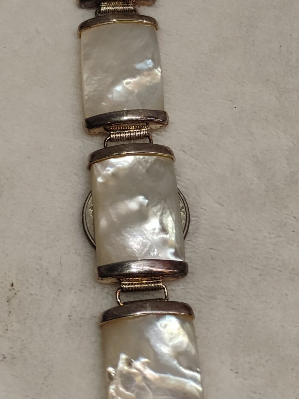Vintage WW Hong Kong 925 Sterling Silver Mother Of Pearl Panel Link Bracelet - Picture 10 of 11
